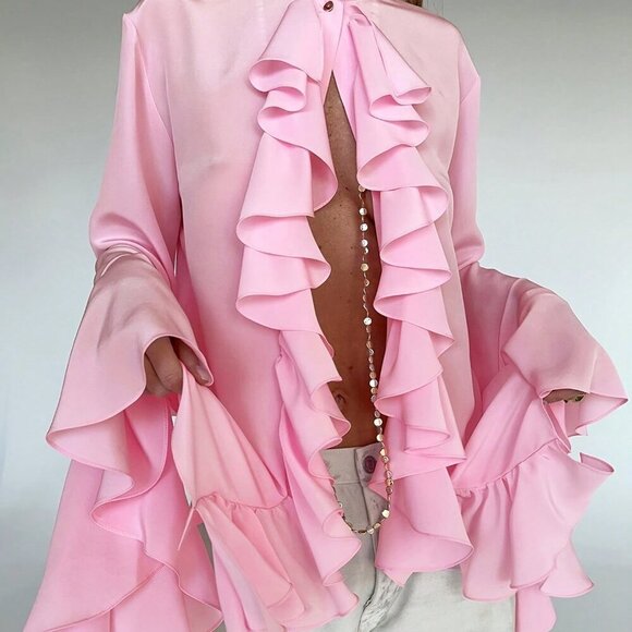 Pink Party Women's Ruffle Front & Bell Sleeves Chiffon Blouse - Picture 2 of 4